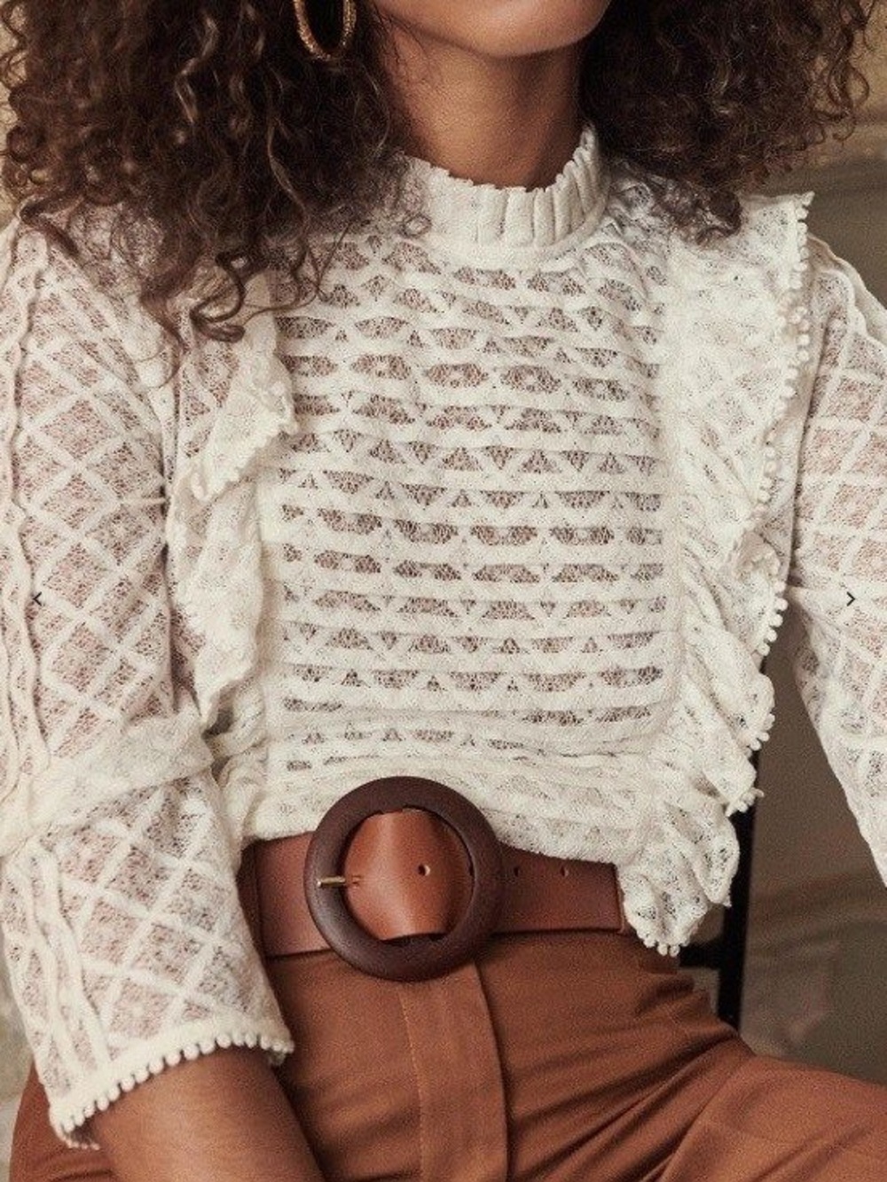 Sézane Lace Blouse Cream Ruffle Trim Textured Romantic Top Size 38 (US 6)